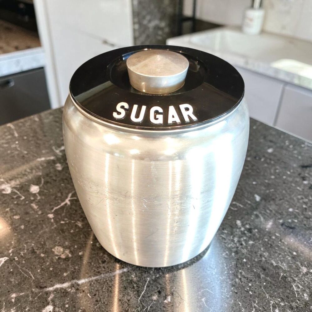 Kromex Spun Aluminum Sugar Canister Vintage MCM Silver Black Lid